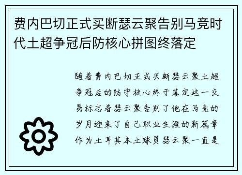 费内巴切正式买断瑟云聚告别马竞时代土超争冠后防核心拼图终落定